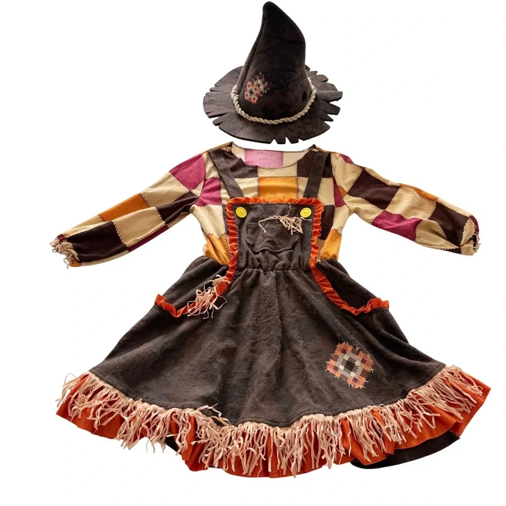 Scarecrow Costume Kids M Brown Orange Patchwork Dress with Hat